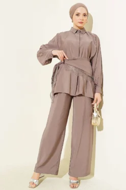 Lace Shawl Detailed Hidden Button Set Mink