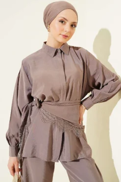 Alternative view of Lace Shawl Detailed Hidden Button Set Mink