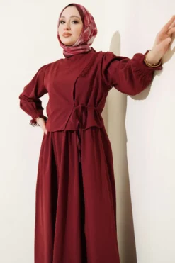 Lace Detailed Poplin Dress Burgundy en gros dress view 2 - Hicabistan usine Turquie