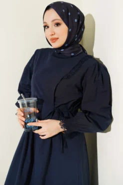 Lace Detailed Poplin Dress Navy Blue en gros dress view 2 - Hicabistan usine Turquie