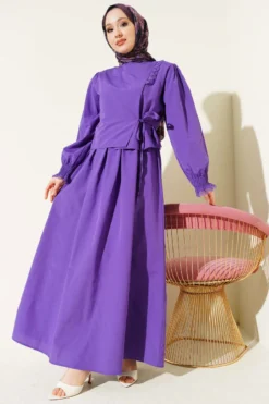 Lace Detailed Poplin Dress Purple en gros dress view 2 - Hicabistan usine Turquie