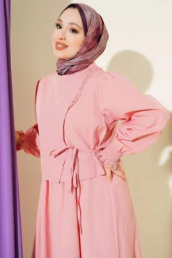 Lace Detailed Poplin Dress Powder Pink en gros dress view 2 - Hicabistan usine Turquie