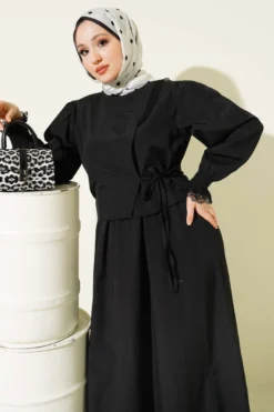 Lace Detailed Poplin Dress Black en gros dress view 2 - Hicabistan usine Turquie