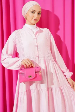 Lace Trim Buttoned Midi Dress Pink Großhandel dress view 2 - Hicabistan Türkei Fabrik