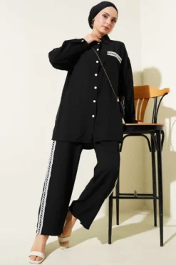 Lace Trimmed Pocketed Two-Piece Set Black wholesale clothing set - Hicabistan Turkey factory