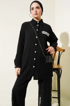 Lace Trimmed Pocketed Two-Piece Set Black wholesale clothing set view 2 - Hicabistan Turkey factory