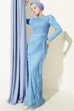 Lace Ruched Stone Embellished Evening Dress Baby Blue wholesale dress - Hicabistan Turkey factory