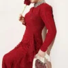 Lace Ruched Stone Embellished Evening Dress Burgundy wholesale dress - Hicabistan Turkey factory