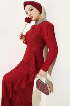 Lace Ruched Stone Embellished Evening Dress Burgundy wholesale dress - Hicabistan Turkey factory