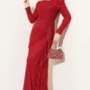 Lace Ruched Stone Embellished Evening Dress Burgundy Großhandel dress view 2 - Hicabistan Türkei Fabrik