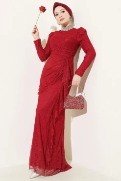 Lace Ruched Stone Embellished Evening Dress Burgundy wholesale dress view 2 - Hicabistan Turkey factory
