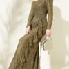 Lace Ruched Stone Embellished Evening Dress Khaki Großhandel dress - Hicabistan Türkei Fabrik