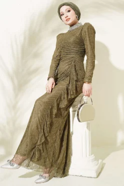 Lace Ruched Stone Embellished Evening Dress Khaki wholesale dress - Hicabistan Turkey factory