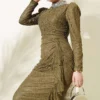 Lace Ruched Stone Embellished Evening Dress Khaki groothandel dress view 2 - Hicabistan Turkije fabriek