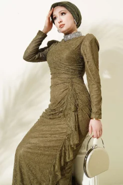 Lace Ruched Stone Embellished Evening Dress Khaki wholesale dress view 2 - Hicabistan Turkey factory