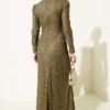 Lace Ruched Stone Embellished Evening Dress Khaki groothandel dress view 3 - Hicabistan Turkije fabriek