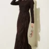 Lace Ruched Stone Embellished Evening Dress Brown Großhandel dress - Hicabistan Türkei Fabrik