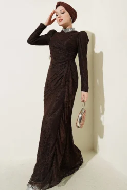 Lace Ruched Stone Embellished Evening Dress Brown wholesale dress - Hicabistan Turkey factory