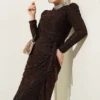 Lace Ruched Stone Embellished Evening Dress Brown Großhandel dress view 2 - Hicabistan Türkei Fabrik