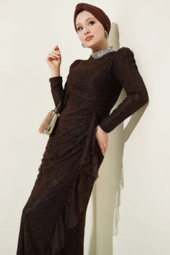 Lace Ruched Stone Embellished Evening Dress Brown wholesale dress view 2 - Hicabistan Turkey factory