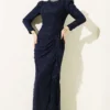 Lace Ruched Stone Embellished Evening Dress Navy Blue Großhandel dress - Hicabistan Türkei Fabrik