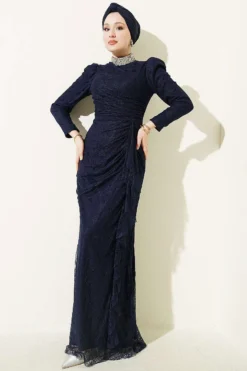 Lace Ruched Stone Embellished Evening Dress Navy Blue wholesale dress - Hicabistan Turkey factory