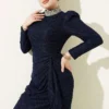 Lace Ruched Stone Embellished Evening Dress Navy Blue all'ingrosso dress view 2 - Hicabistan fabbrica Turchia