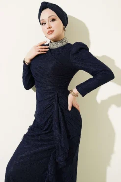 Lace Ruched Stone Embellished Evening Dress Navy Blue wholesale dress view 2 - Hicabistan Turkey factory