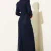 Lace Ruched Stone Embellished Evening Dress Navy Blue all'ingrosso dress view 3 - Hicabistan fabbrica Turchia