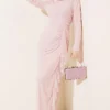 Lace Ruched Stone Embellished Evening Dress Powder Pink wholesale dress - Hicabistan Turkey factory