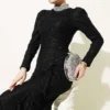 Lace Ruched Stone Embellished Evening Dress Black