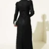 Lace Ruched Stone Embellished Evening Dress Black wholesale dress view 3 - Hicabistan Turkey factory