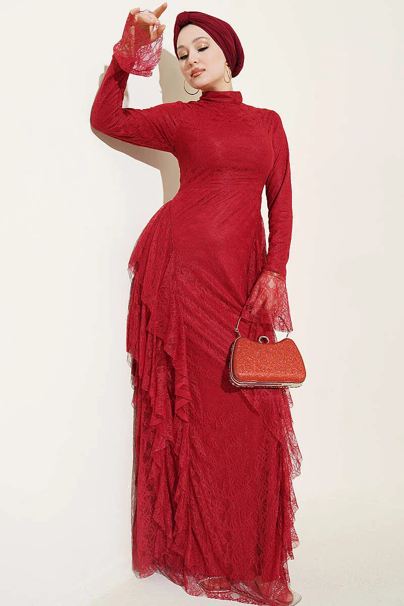 Lace Ruffled Evening Dress Burgundy