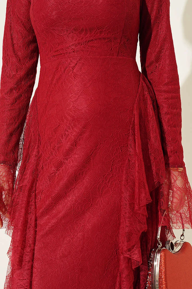 Lace Ruffled Evening Dress Burgundy - Image 4