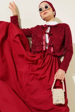 Lace Bow-Tied Skirt Set Burgundy