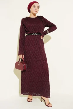 Lace Belted Dress Burgundy wholesale dress - Hicabistan Turkey factory