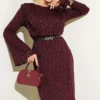 Lace Belted Dress Burgundy بالجملة dress view 2 - Hicabistan مصنع تركيا