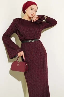 Lace Belted Dress Burgundy wholesale dress view 2 - Hicabistan Turkey factory