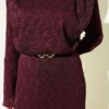 Lace Belted Dress Burgundy بالجملة dress view 4 - Hicabistan مصنع تركيا