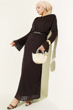 Lace Belted Dress Brown wholesale dress - Hicabistan Turkey factory