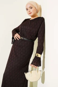 Lace Belted Dress Brown wholesale dress view 2 - Hicabistan Turkey factory