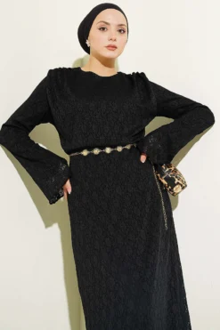 Lace Belted Dress Black wholesale clothing set view 2 - Hicabistan Turkey factory