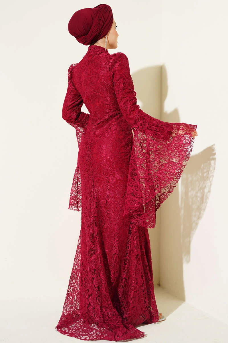 Lace Sleeve Flared Fish Model Evening Dress Burgundy all'ingrosso dress view 3 - Hicabistan fabbrica Turchia