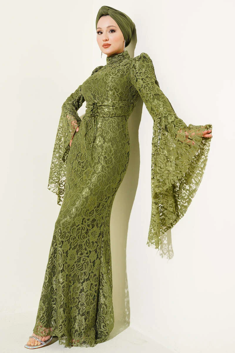 Lace Sleeve Flared Fish Model Evening Dress Khaki en gros dress - Hicabistan usine Turquie