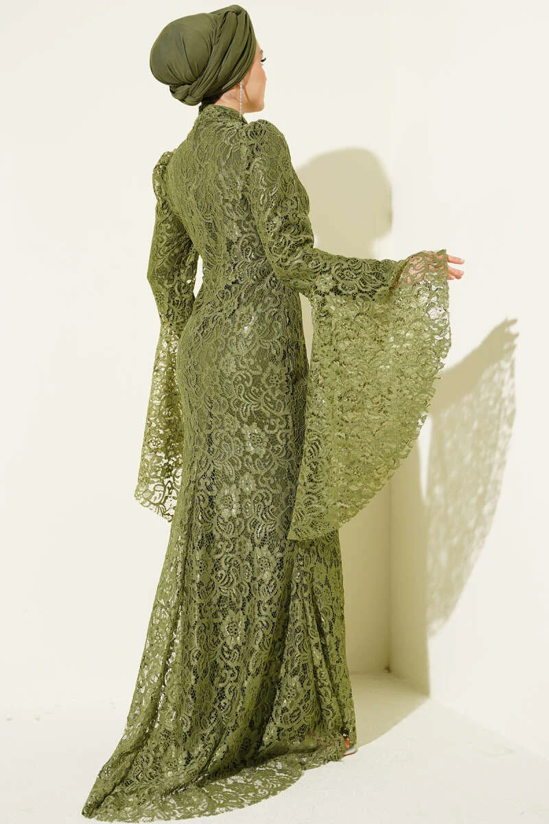 Lace Sleeve Flared Fish Model Evening Dress Khaki en gros dress view 3 - Hicabistan usine Turquie