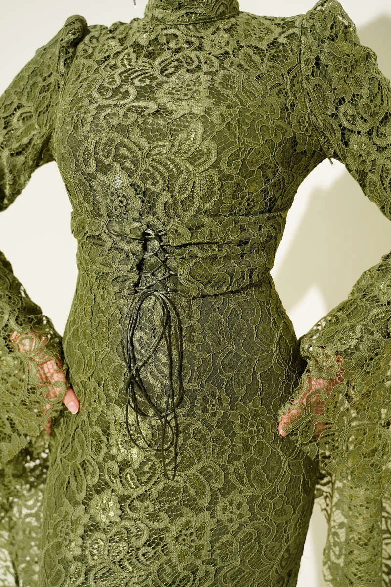 Lace Sleeve Flared Fish Model Evening Dress Khaki en gros dress view 4 - Hicabistan usine Turquie