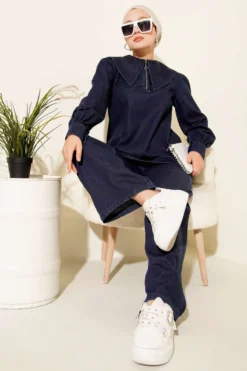 Nautical Collar Zippered Denim Two-Piece Set Navy Blue wholesale clothing set view 2 - Hicabistan Turkey factory