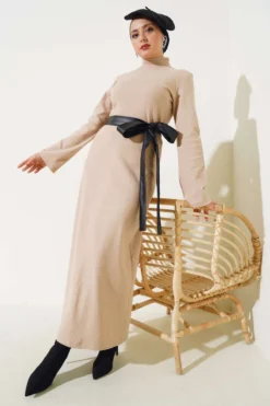 Leather Belted Ribbed Dress Beige