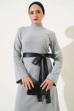 Alternative view of Leather Belted Ribbed Dress Grey