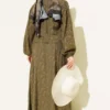 Patterned Tie Detail Skirt Set Khaki all'ingrosso clothing set view 3 - Hicabistan fabbrica Turchia